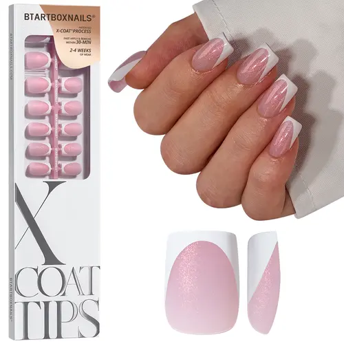 BTArtboxnails XCOATTIPS Press on Nails-96pcs White Short Square or Almond or Stiletto French Tips Glitter Pink Base,Soft Gel FalseNail, Soak Off Acrylic Fake Nails Extensions,sohochic