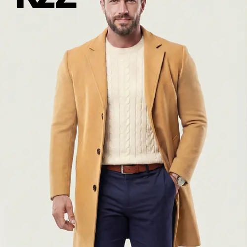 KZZ Men's Regular Fit Long-Sleeve Classic Plain Button-Front Lapel Neck Midi Jacket - Khaki, Fall Winter Casual Wear, Christmas Gift for Him, Menswear Coat,sohochic