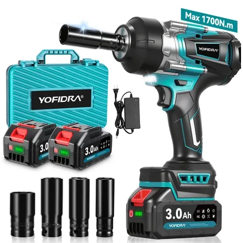 YOFIDRA 1/2" Drive Cordless Brushless Impact Wrench, 1700Nm Heavy Duty Brushless Impact Drill Kit for Mechanics, 3-Speed Electric Wrench with 2×3.0Ah Batteries, Fast Charger, 17/19/21/22mm Standard Sockets, LED Light, Makita 18V Battery Compatible, Scaffo