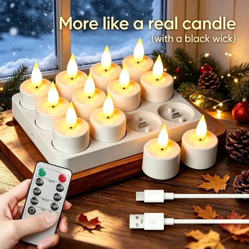 12pcs Rechargeable Flameless Tealight Candle with Remote Control, Charging Station, Timer for Halloween, Christmas Indoor Home Table Glass Jars or Candle Holders, Candles,sohochic