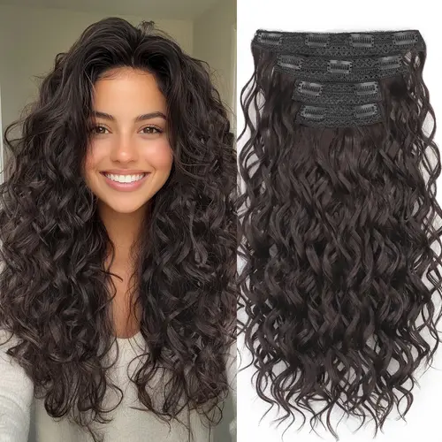 Synthetic Curly Hair Extensions, 4PCS 16-22in Clip-in Lace Weft Short Natural Waves Pieces, Invisible Casual/Running Use for Women All Hair Types, Chocolate Brown,sohochic