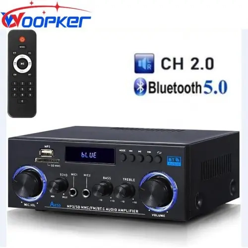 Woopker AK50 Bluetooth Amplifier, Bluetooth 5.0 2.0 Channel Stereo Home Audio Amplifier, Compatible with a Pair of 400W Speakers, FM Radio, USB, SD Card, RCA & Remote Control for Home Theater, Garage, Karaoke and Music Streaming