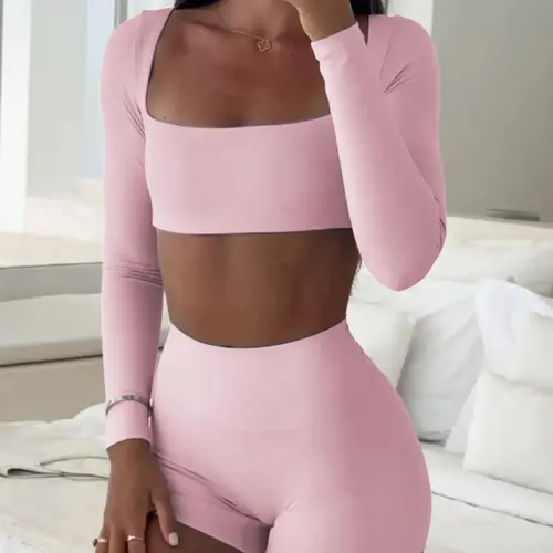 Women's Casual Sporty Plain Long Sleeve Top & Shorts Casual Athleisure Activewear Clothing Activewear Set, Slim-Fit Thin Fabric for Fall Season, Comfortable Daily Wear Apparel, Athleisure Outfit