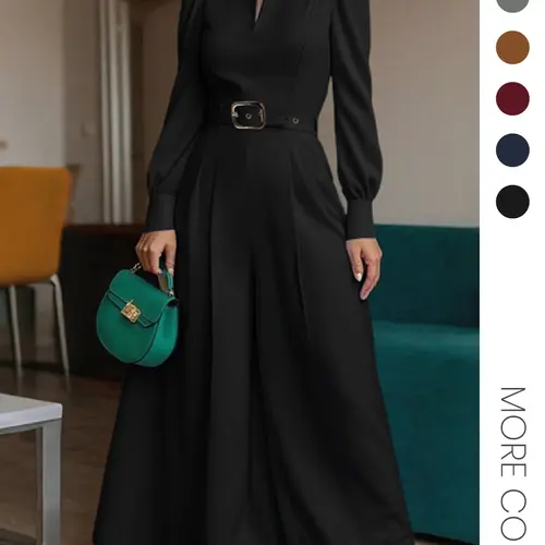 Women's European Style Minimalist Chic Elegant Commuter Mock Neck V-Neck Long Sleeve Woven Fabric Fit Wide Leg Jumpsuit, No Pocket Design, Perfect for Office Wear Basic