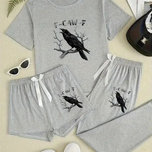 Women's 3-Piece Sleepwear Loungewear Set, All Seasons Loungewear, Raven Animal Print Pajamas, Casual Fitted Knitted Style, All-Season Comfortable Nightwear, Moderate Fabric Thickness, Lounge Pajama Pants, Lounge Sets