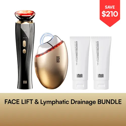 INIA GLACE & FLARE All-in-1 Face & Neck Sculpting Beauty Device Bundle - Lymphatic Drainage Products, Microcurrent Lifting, Serum Infusion, Red & Blue Light, Thermal & Cryo Therapy, Batteries, Plastic, Adult Selfcare, Buy 1 Get 4 Ideal Gift Set,sohochic