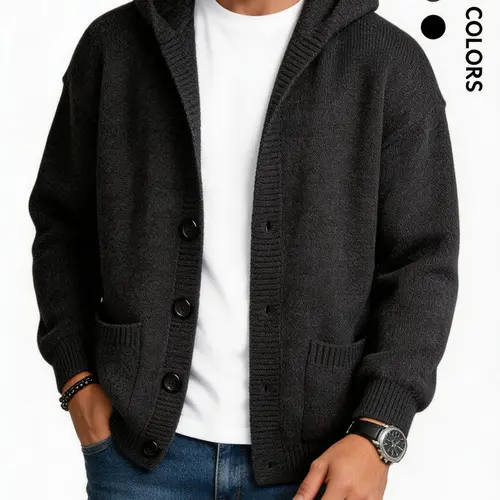 Men's Plain Minimalist Solid Heavyweight Long-Sleeve Buttoned Hood Snap Sweatshirt - Casual Polyester Pullover, Personalized Soft Skin-Friendly Menswear, Fitted Retro Tops for Street Wear, Everyday Use (Polyester Keeps It Soft),sohochic