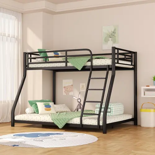 GEITIN Black Sturdy Metal Twin Over Full Bedframe - Guardrail Safety, Ladder, Full Size Lower Bed, Noise-Free, Space-Saving, No Box Spring Needed for Bedroom Use