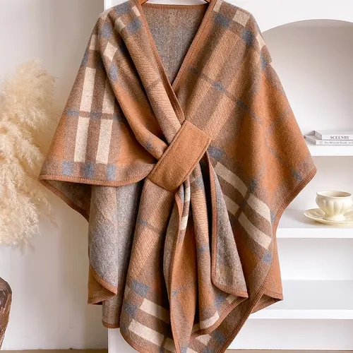 Women's Fashion Plaid Fringe Trim Shawl, Soft Woven Fabric, Warm Fall & Winter Accessory, Stylish Print Fringe Detail Wrap, Perfect Holiday Gift