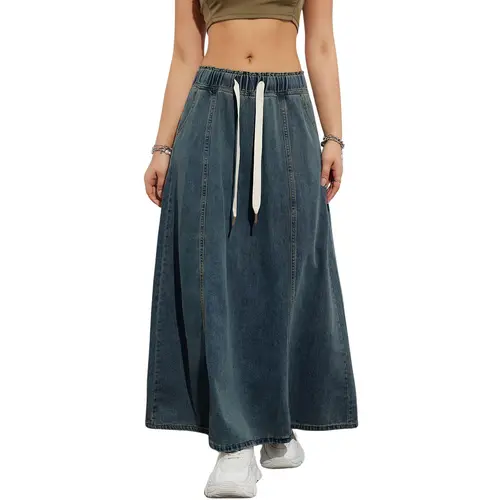 Chouyatou Women's Casual Long Flared Denim Skirt Elastic High Waist A-Line Denim Skirt with Pockets, Bottom, Skirts For Women