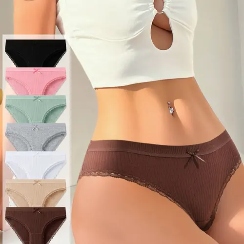 Hotcom Women's Cotton Elegance Cute Panties, 7-Pack Breathable Lace Bikini Briefs, Comfortable Hipster Underpants with Plus Size Options (XS-XL) for Everyday Wear