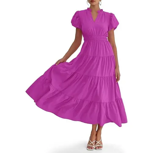 Wenrine Women's Woven Casual Summer Deep V-Neck Puff Short-Sleeve Elastic Comfortable Flowy Tiered A-Line Midi Beach Dress