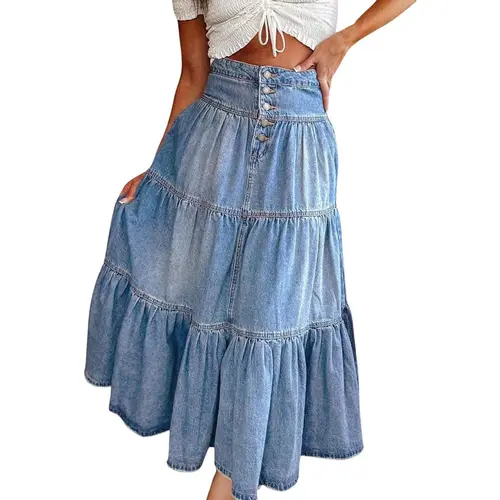 Chouyatou Women's Cute Sexy Thick Chic High-Waisted A-Line Cowboy Denim Skirt, Bohemian Style with Flowing Ruffle, Button Closure, and Tiered Design, Elegant, Women Fashion, Skirts For Women