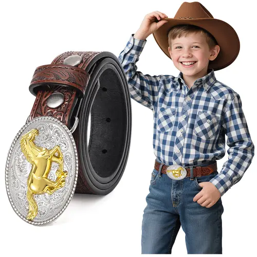 BELTROAD Kids' Western Embossed Leather Belt - Detachable Buckle Decorated Waistband, Stylish Carnival Camping Thanksgiving Costume Accessory for Boys & Girls, Stylish Belts, Party Wear,sohochic