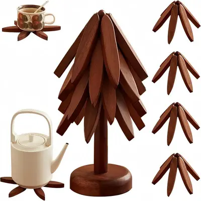 7.8 Inches Tree Shape Walnut Wooden Trivet Set - 4 Trivets & 1 Stand, Heat-Resistant, Foldable, Durable Solid Wood, Kitchen Home Decor, Hot Dishes/Pots/Teapots Coasters, Ideal Gift Idea