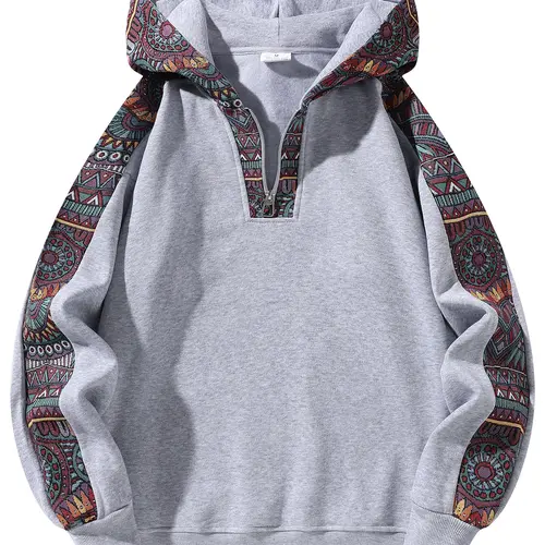 Men's Quarter-Zip Hoodie - Ethnic Pattern Color Block Medium Length Knit Polyester Casual Fashion Sweatshirt, Easy On/Off Fitted Long Sleeve Streetwear Top