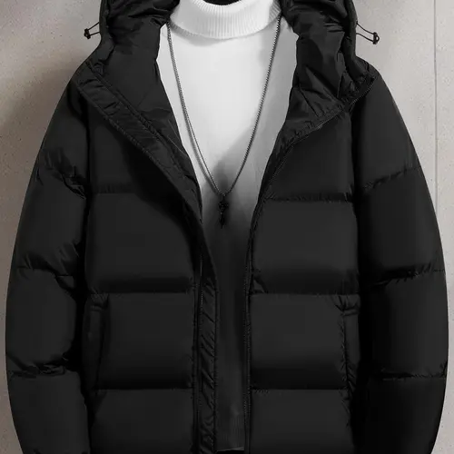 Men's Regular Fit Thick Warm Hooded Puffer Coat - Zip Up Jackets with Pocket, Long Sleeve Padded Winter Outerwear, Casual Menswear for Oktoberfest, Beige/Black Boyfriend-Style Tops