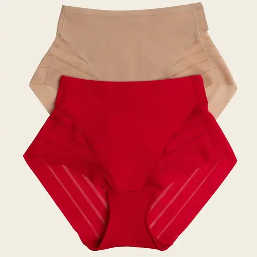 Leonisa 2-Pack Stripe Undetectable Lace Classic Shaper Panties Bundle in Golden Beige/Red - Womenswear Compression Underwear for Women