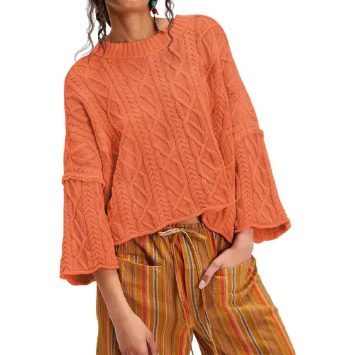 Chouyatou Women's Basic Autumn Acrylic Plain Cropped Knitwear - Oversized Round Neck Long-Sleeve Casual Loose Pull-On Pullover Top, Drop Shoulder, Ribbed Edges, Cropped Cut, Loose Fitting
