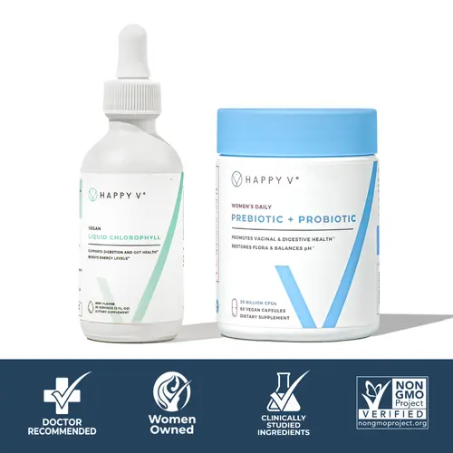 Happy V Fresh Start Kit: Vaginal Prebiotic + Probiotic for Women + Happy V Liquid Chlorophyll Natural Dietary Supplement Boost Mint Healthcare Wellness Edible