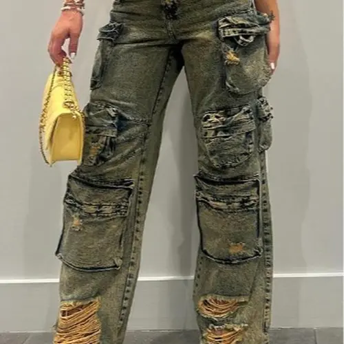 Elengatine High-Waisted Denim Cargo Pants for Women - Loose-Fit Cotton-Polyester Distressed Edgy Streetwear Bottoms, Wide-Straight Leg with 13 Utility Pockets, Casual Chic Style,sohochic