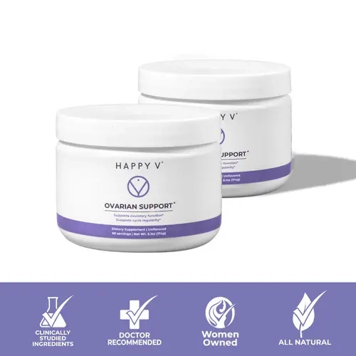 Happy V Ovarian Support Powder 2-Pack Bundle - Myo-inositol & D-Chiro-Inositol for Hormonal Balance Acne PCOS Cycle Regularity Unflavored Daily Supplement