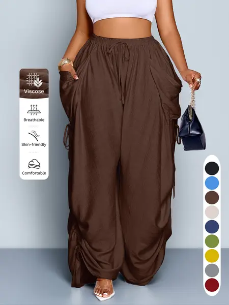 Plus Size Women's Casual Loose-Fit High Waist Wide Leg Pants, All-Season Woven Fabric, Long Plain Design, Daily Commute & Vacation Wear