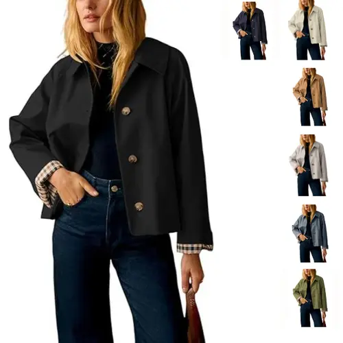 UANEO Womens Cropped Trench Coat Classic Collar Oversized Casual Jackets with Checkered Lining SummerVibes
