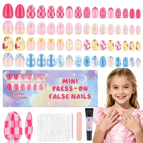 Qiek #Halloween Kids Press on Nails, 16 Sizes 128 PCS Spiderweb Caramel Polka Dot Plaid French Almond Press on Nails for Kids with Jelly Adhesives and No-U V Glue for Girls 8-12 Birthday Halloween Gifts
