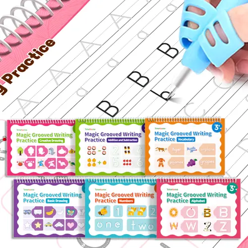 TIMETOME Eco-Friendly Reusable Grooved Copybook Set (6 Books Pack, 10.2×7.2 in) with 5 Auto-Disappearing Refills, Early Elementary Alphabet Learning Supplies for Math, Drawing,Gift for Kids,sohochic