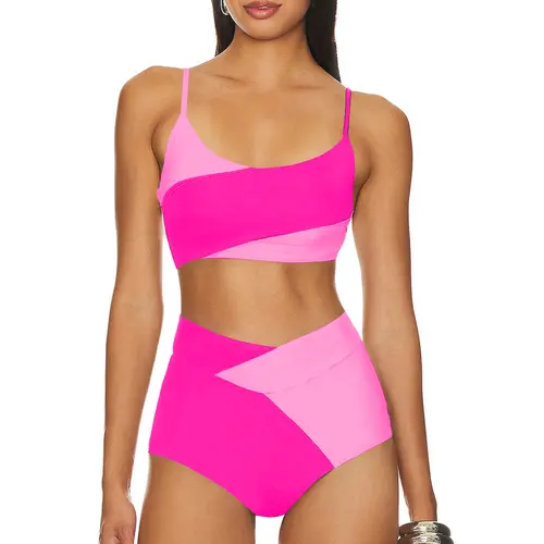 Aleumdr Women's 2-Piece Bikini Set - Stretch Quick Dry Beach Bathing Suit with Color Block Scoop Neck Push Up Bra Top, High Waisted Bottoms, Adjustable Spaghetti Straps for Yacht Gatherings