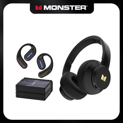Monster Bluetooth Headphones & Earbuds Combo Set (Black) - Over-Ear Wireless Portable Headset, Deep Bass, Noise Cancelling Mic, Foldable + Waterproof 100H Playtime Bluetooth 6.0 Earbuds, Ideal for Gym, Travel - TikTokShopBackToSchool