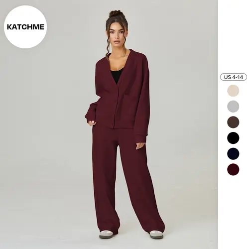 KatchMe Women's Slouchy Cozy Solid Color V Neck Long Sleeve Button Cardigan & Drawstring Waist Trousers Co-ord, Casual Soft Loose Two Piece Outfits (2)
