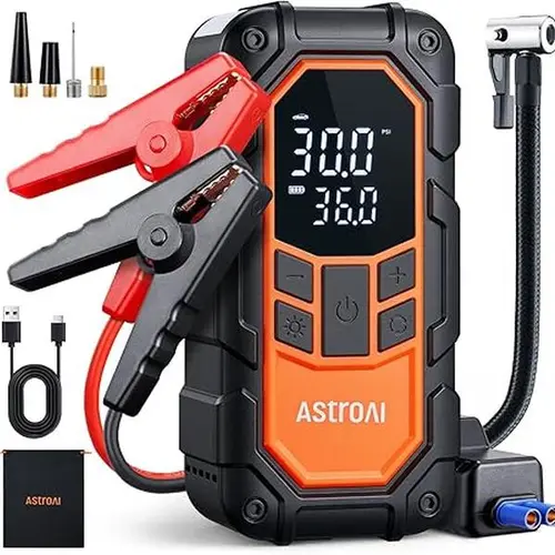 AstroAI S8 Air Nano 5-in-1 Emergency Tool Portable ABS Unit, Peak 1500A Car Battery Jump Starter, 150PSI Auto-Shutoff Tire Inflator, 5 Preset Modes Make Inflation Simple, 12V Charger Booster (6.0L Gas/3.0L, Orange)