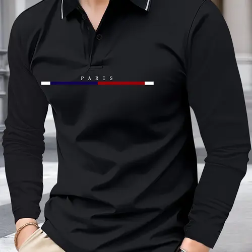 Men's Lightweight Longsleeves Paris Letter Print Polo Shirt - Spring & Autumn Clothes with Comfortable Fabric, Collared Top for Work & Golf, Perfect Gift for Boyfriend