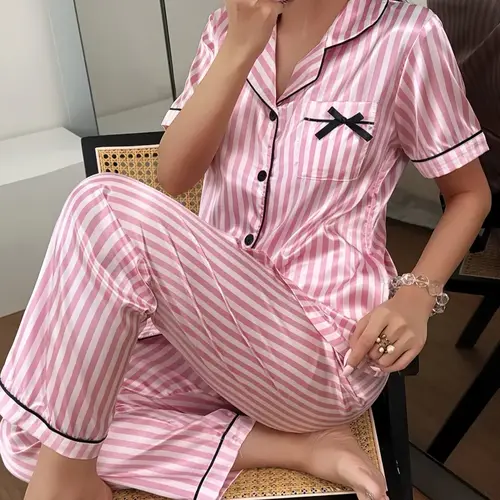Women's Striped Embroidered Button-Front Collared Shirt with Pockets & Elastic-Waist Pants Set, Womenswear, Embroidery Outfit, Casual Fitted Short-Sleeve Top, Soft Fabric, Suitable for All Seasons, Striped Sets