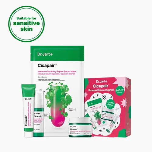 Dr.Jart+ Cicapair 4-Piece Korean Redness Regimen Kit with Centella Asiatica | Bestsellers Value Bundle | Instant Redness Relief | Viral Green Color Corrector | Korean Mask, Moisturizer, Serum, Color Corrector | Sensitive Skin Regimen
