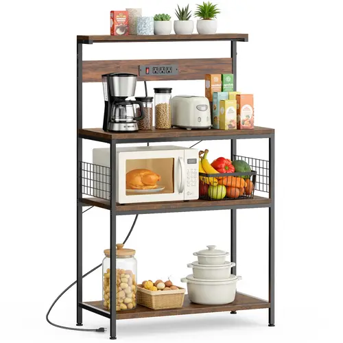 Sweetcrispy Heavy-Duty 4-Leg 4-Tier Freestanding Baker's Rack with Power Outlet - Multi-Format Kitchen Furniture, Adjustable Spice Shelves, Microwave Stand, Home Decor Household Items, Plant Stand
