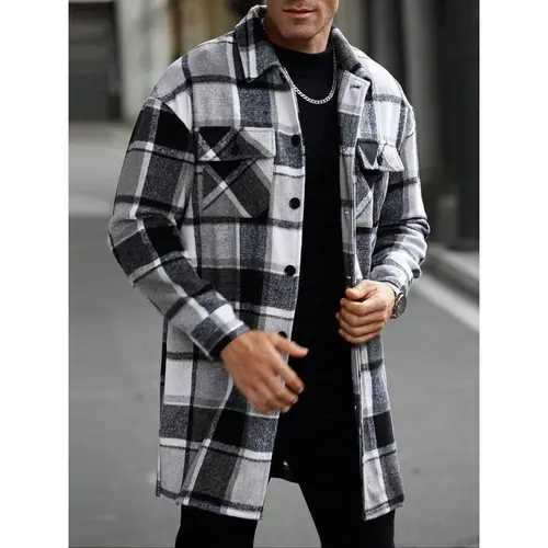 KZZ Men's Classic Plaid Long Sleeve Trench Coat - Buttoned Lapel, Lightweight Fabric, Loose Fit, Front Button Pockets, Casual Menswear Tops Clothes for Spring & Autumn,sohochic