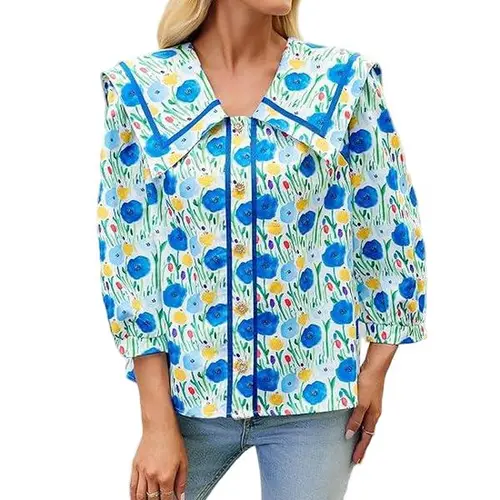 Cicy Bell  Women's Floral Button Down Shirts Trendy Casual 3/4 Lantern Sleeve Blouse Square Neck Collared Tops Lightweight Soft Polyester Elastane Blue Print Womenswear