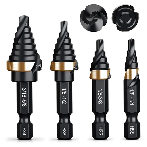 THINKWORK Spiral Flute Step Drill Bit Set, 4 Pcs Single Size HSS Step Bits (1/8"-5/8"), Small Size EDC Unibit with 1/4" Shank Step Bits for Metal, Aluminum, Steel, Wood Plastic