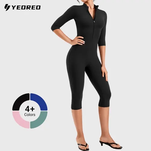 YEOREO Women's Sleek Sculpting Half Zip Sports Jumpsuit - 3/4 Sleeve Capri Waist Shapewear, Buttery-Soft Elastic Breathable Fabric, Easy On-Off Yoga Activewear for Studio Gym