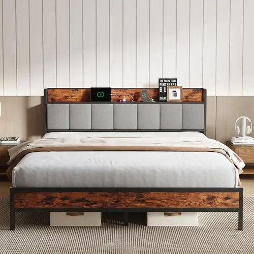 Bed Frame with Charging Station USB/Type-C & Storage Headboard Modern Metal Platform Bed Frame Easy Assembly Heavy Duty Slats Support Noise Free No Box Spring Needed Twin Full Queen King Size,sohochic