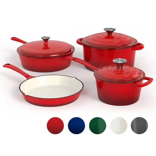 Kitchen Academy Enamel Cast Iron 7 Piece Cookware Set, Dutch Oven Pot with Lid, Red Non Stick Pots and Pans set, Oven Safe up to 500°F Cooking Modern