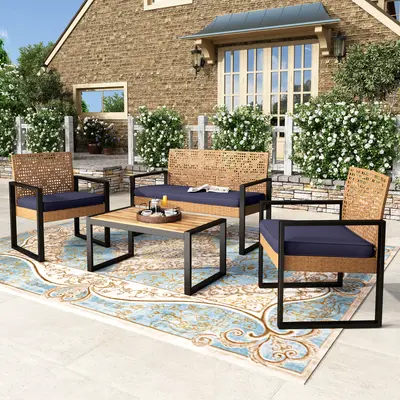 PHIVILLA Outdoor Wicker Patio Furniture Set, Cushioned Rattan Loveseat & Chairs, Rattan Sofa Set with Acacia Wood Coffee Table, Elegant All-Weather Seating for Garden, Backyard & Poolside, Home Decor, TikTokShopBackToSchool