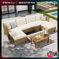 PHIVILLA Boho Wicker Patio Furniture Sofa Set, 3/5 Seaters, Outdoor Rattan Sectional Conversation Sofa Set - Weather-Resistant, with Dual Storage Coffee Table Acacia Wood Legs for Garden, Patio & Deck, Home Decor, TikTokShopBackToSchool