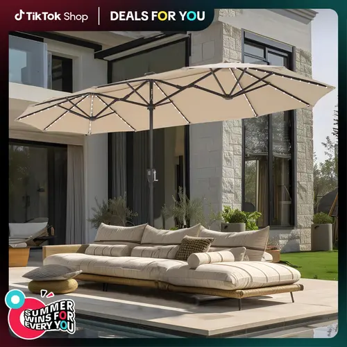 [8-color Lights] PHIVILLA Home Patio Umbrella 13 FT Double-Sided Outdoor Market Extra Large Umbrella with Crank, LED Light Option, Base Not Included