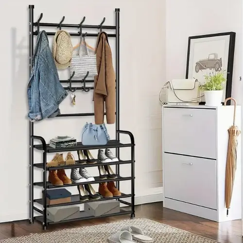 Portable Heavy-Duty Metal Clothes Rack - Closet Hanger Organizer with Hooks, Collapsible Freestanding Coat Racks, Bedroom Clothing Stand for Home Storage Organization, Organizer Storage Solution