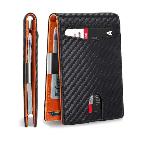 Men's RFID Anti-theft Bi-fold Card Holder - Holiday Edition, carbon fiber texture, ultra-thin minimalist design, with a bill holder and multiple card slots. A slim pocket card holder suitable for everyday and travel use. (SpringStatements),sohochic