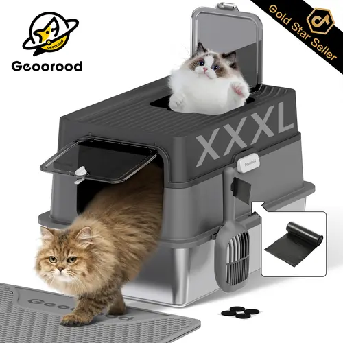 【Geoorood】Stainless Steel Litter Box with Lid, XL Extra Large Enclosed Metal Litter Box for Big Cats, High-Sided Removable Design with Scoop, Anti-Leakage, Non-Sticky, Easy Cleaning, 3-Layer Shell Assembles with Ease, Odor Control Solutions,sohochic